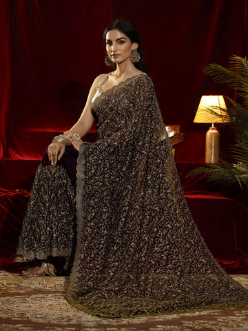 Libas Purple Floral Embroidered Georgette Saree