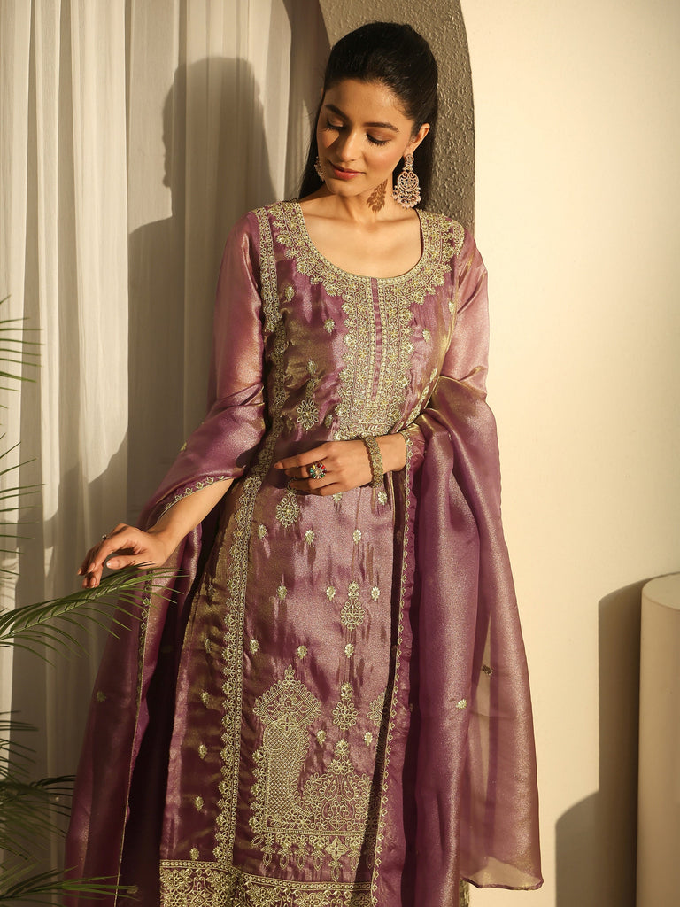 Libas Purple Floral Embroidered Organza Straight Suit Set