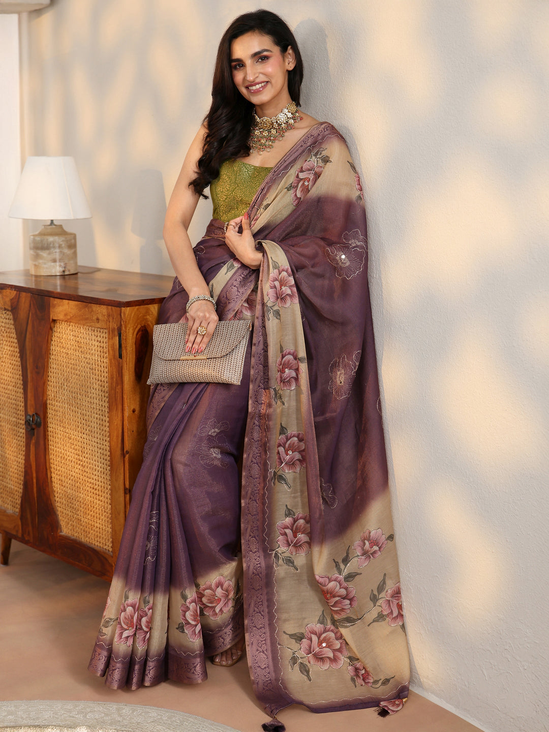  Libas Purple Floral Printed Silk Blend Ombre Saree with Woven Border 