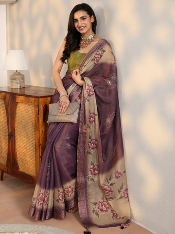 Libas Purple Floral Printed Silk Blend Ombre Saree with Woven Border