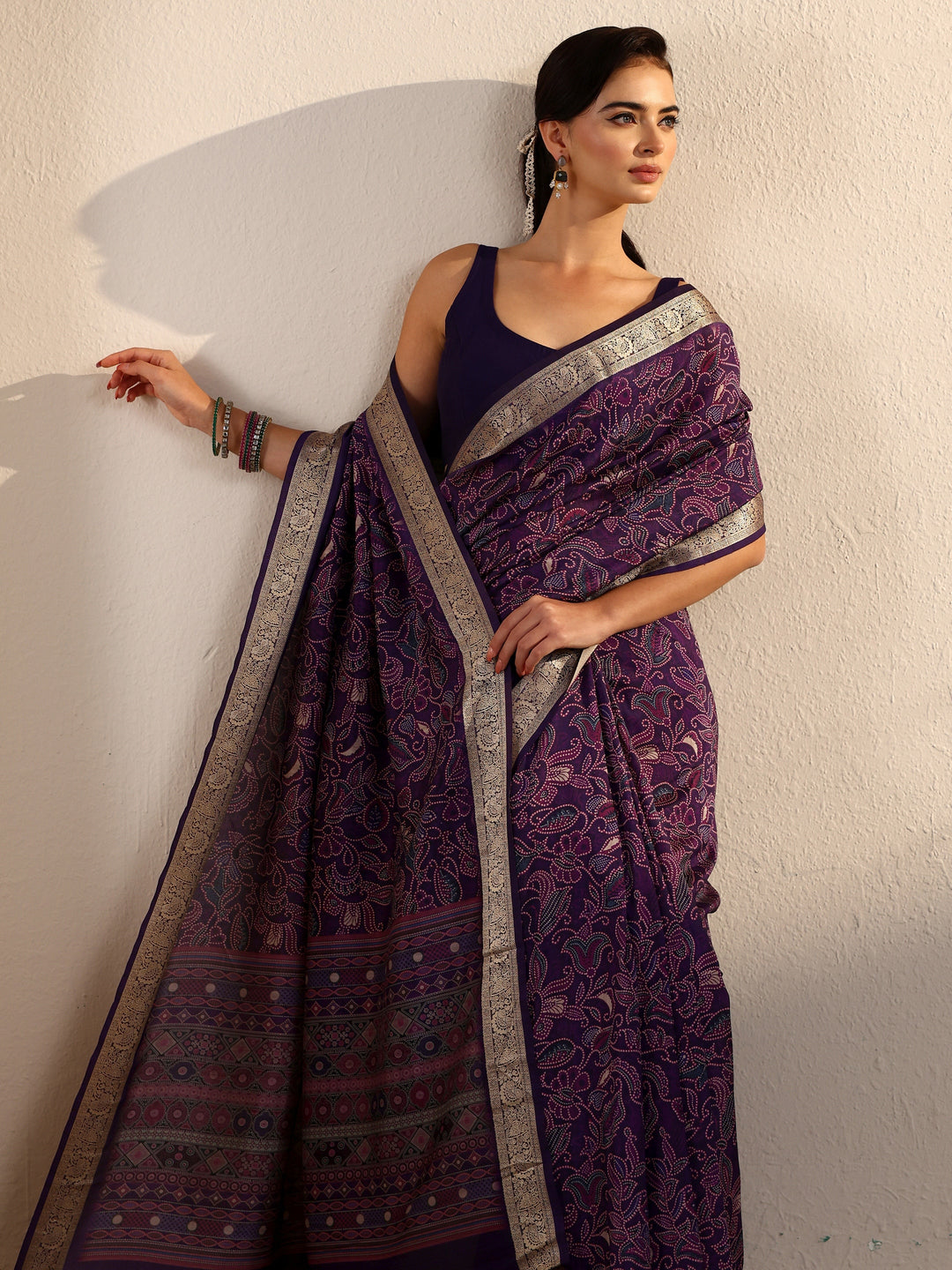 Libas Purple Floral Printed Silk Blend Saree with Woven Border