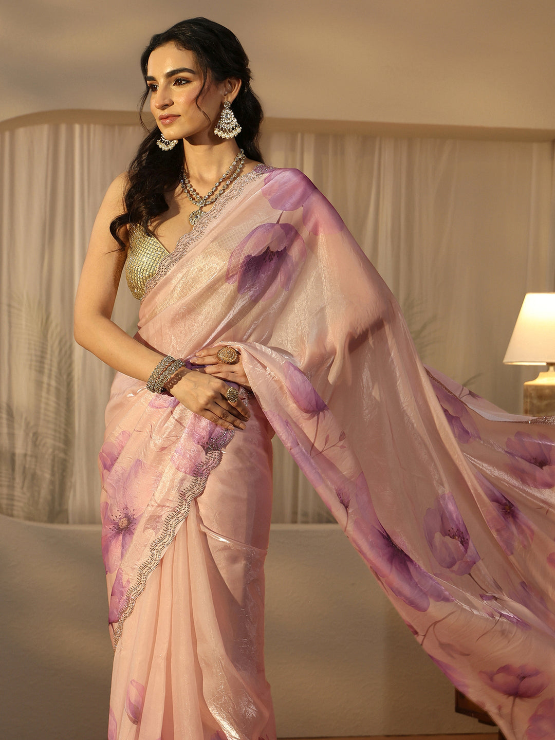  Libas Purple Floral Printed Tissue Saree with Embellished Border 