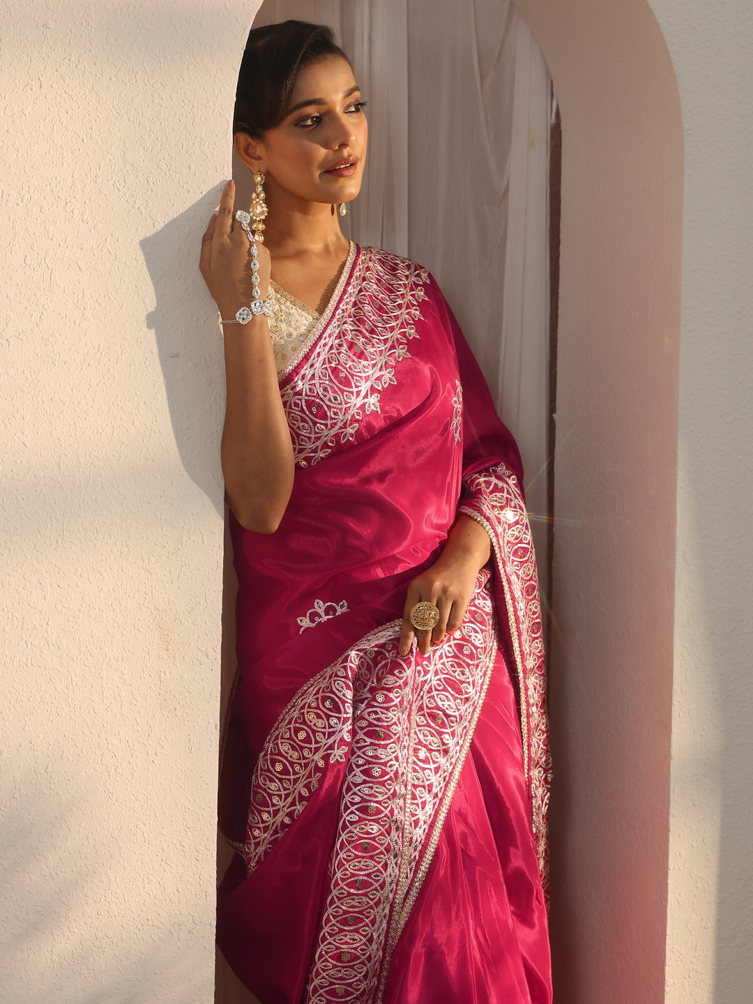 Libas Purple Floral Sequin Embellished Satin Saree