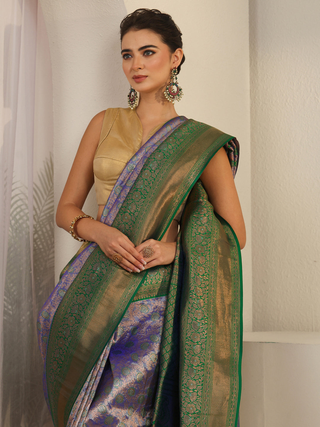 Libas Purple Floral Woven Design Banarasi Silk Blend Saree