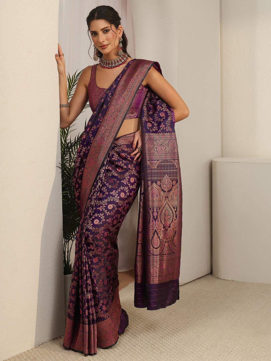 Libas Purple Floral Woven Design Silk Blend Banarasi Saree