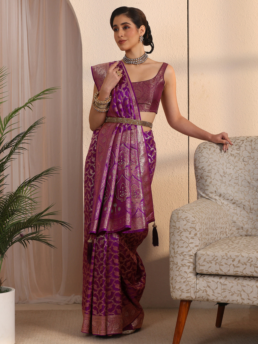  Libas Purple Floral Woven Design Silk Blend Saree 