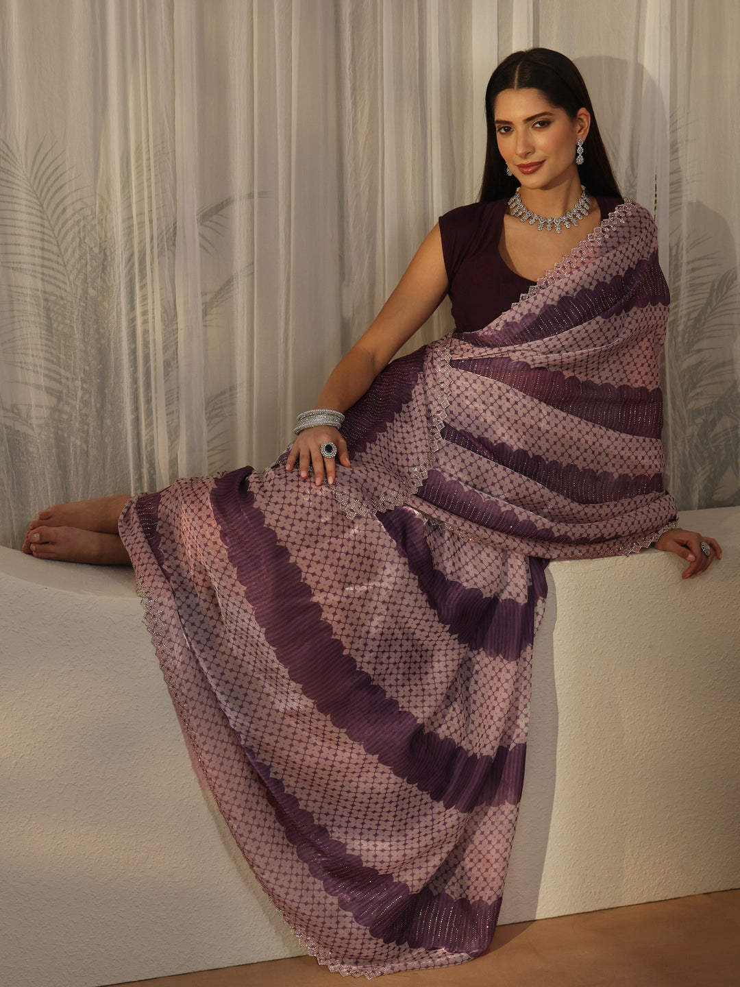 Libas Purple Geometric Stone Work Embellished Saree 