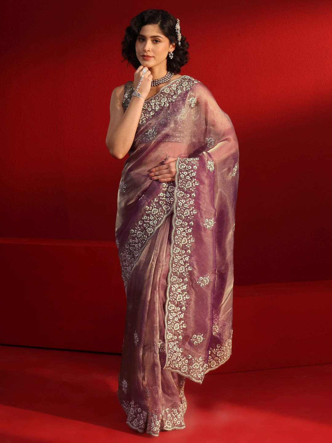  Libas Purple Gharchola Stone Work Tissue Saree 