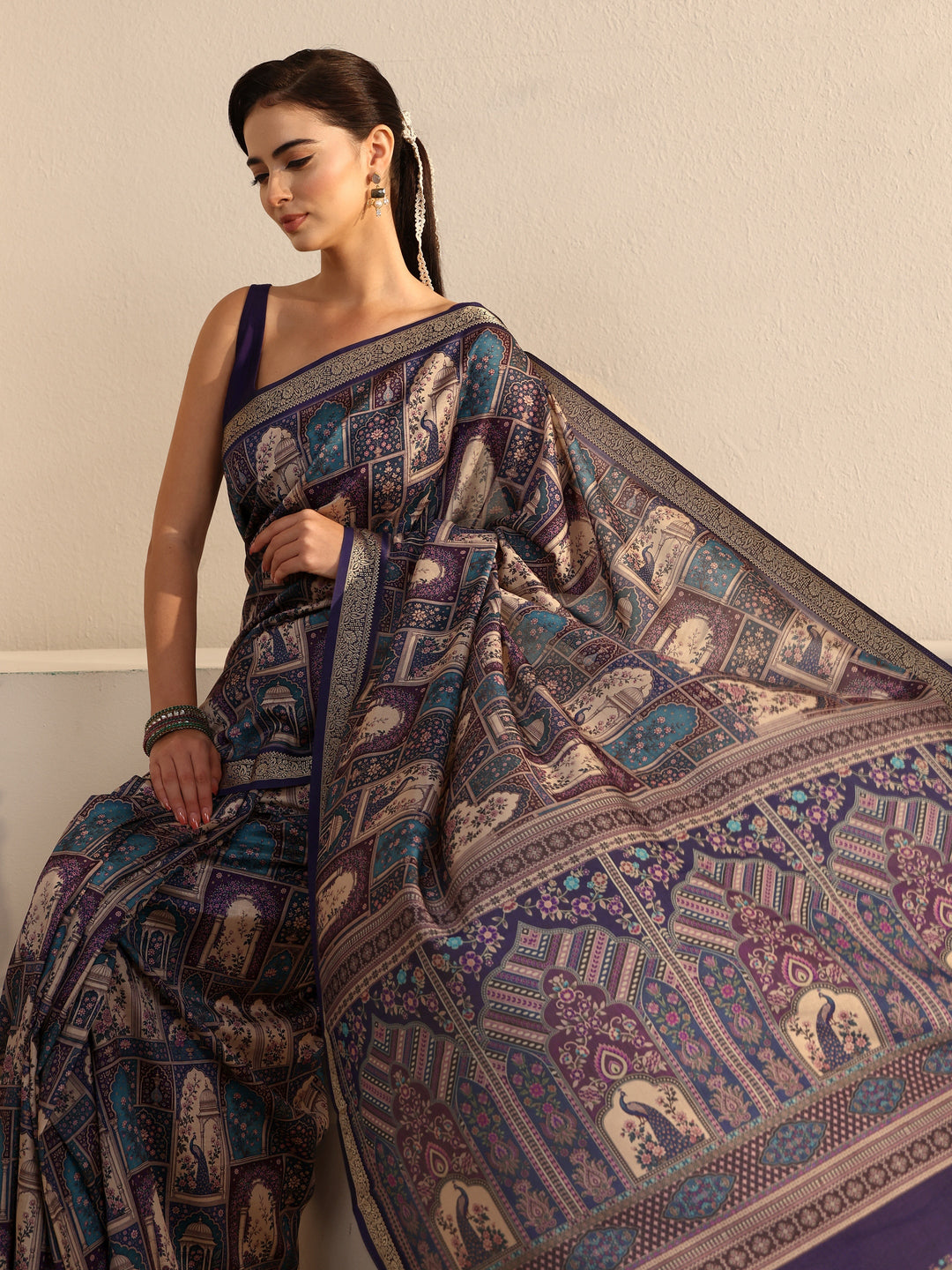 Libas Purple Jharokha Printed Silk Blend Saree