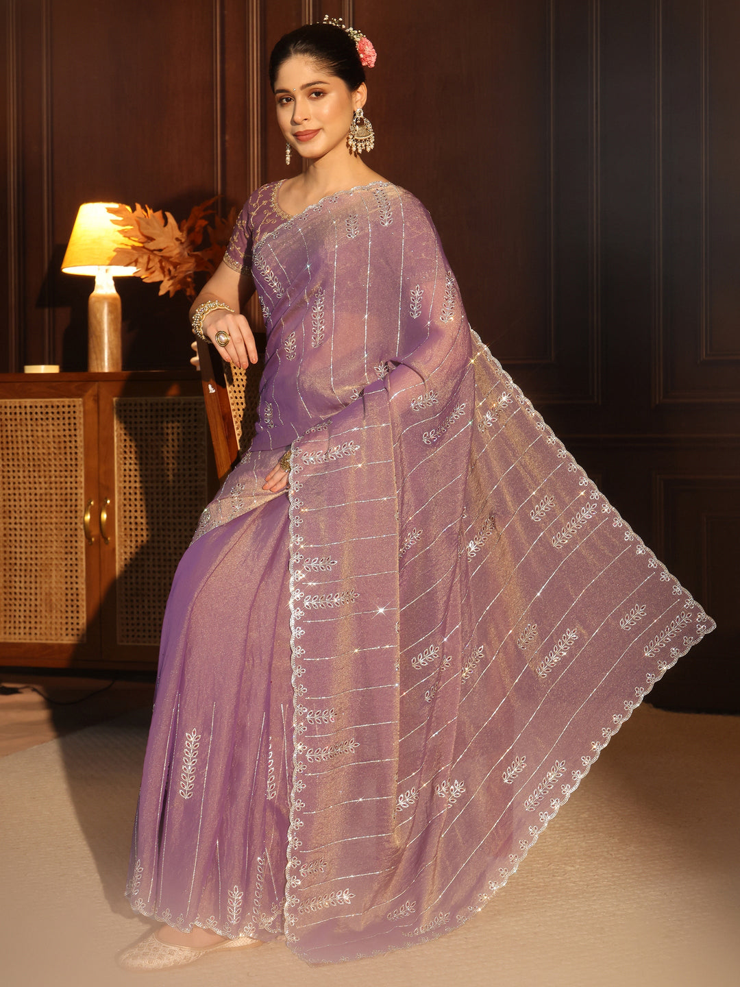 Libas Purple Leafy Stone Work Embellished Tissue Saree