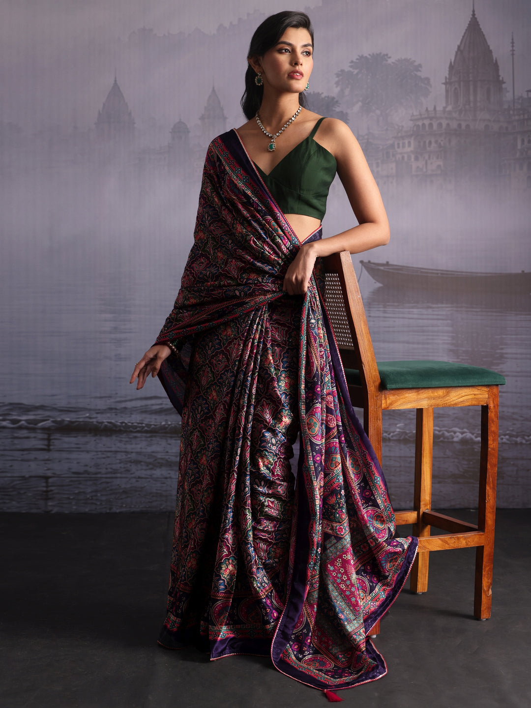  Libas Purple Multi Print Satin Saree 