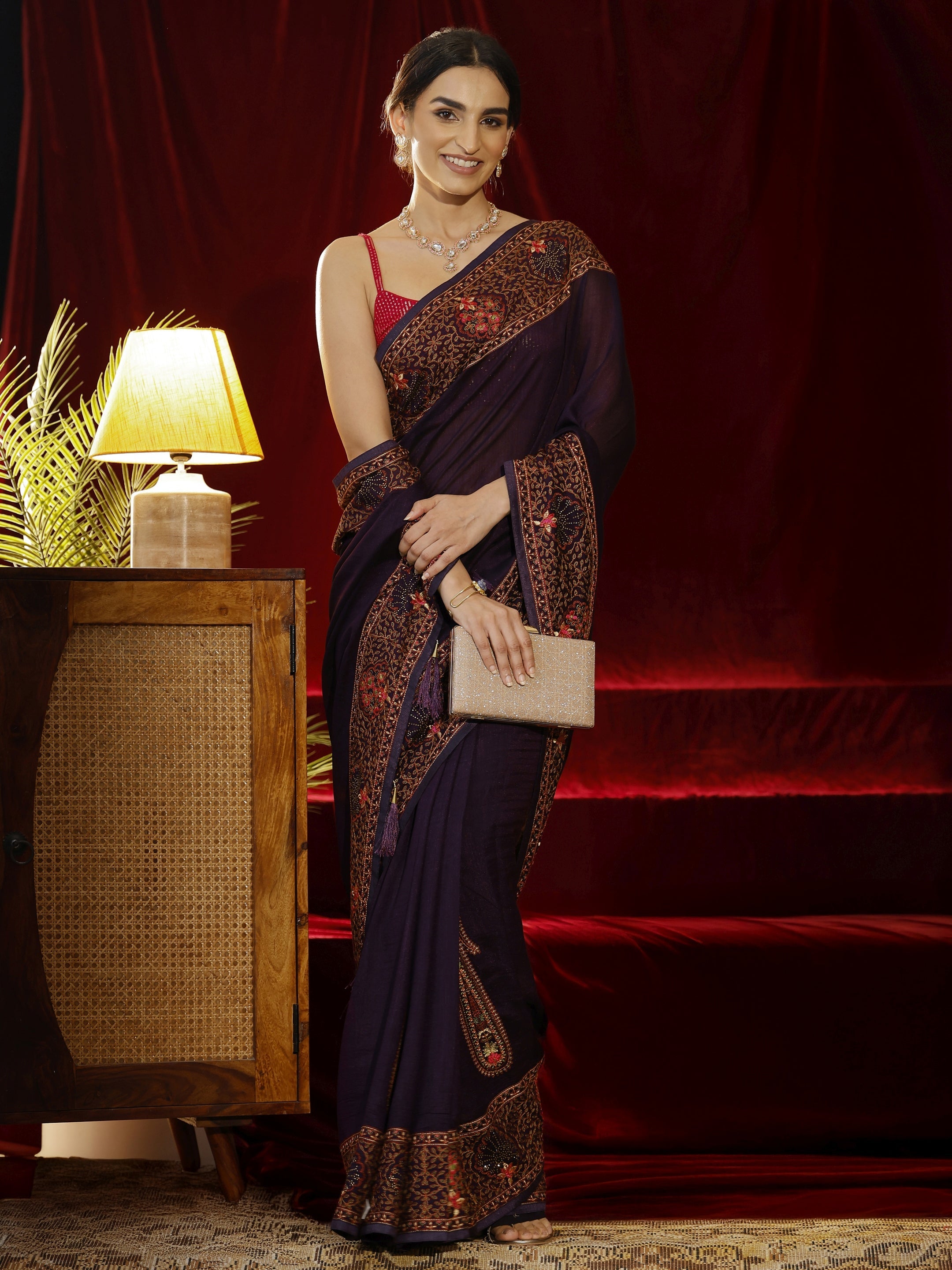 Libas Purple Paisley Embroidered Silk blend Saree-picture-23