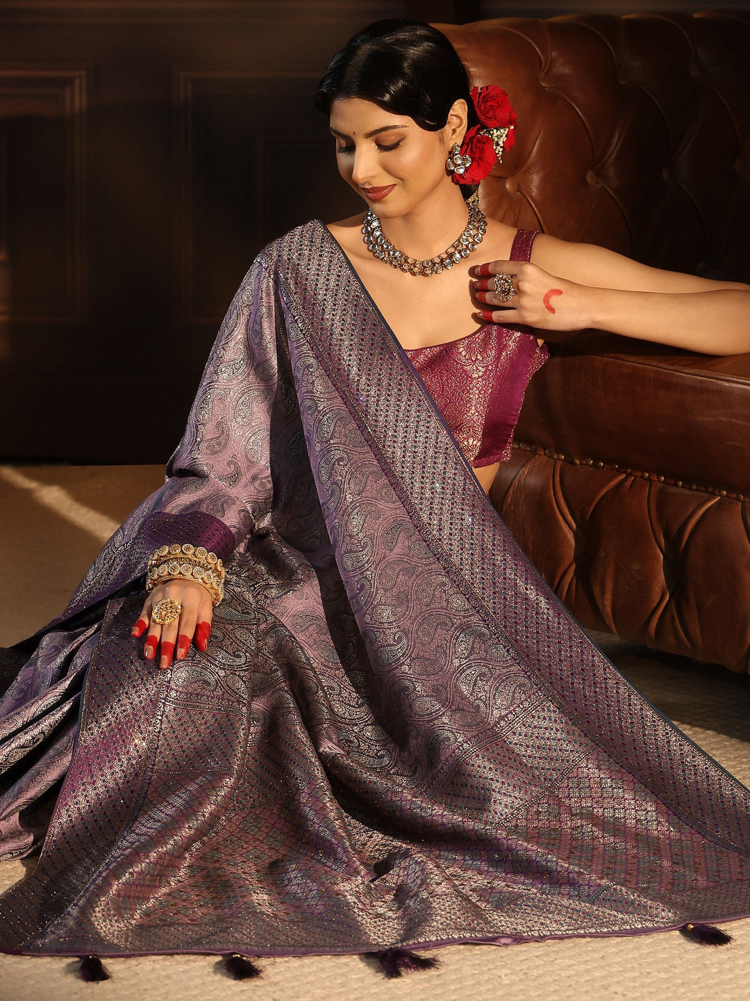 Libas Purple Paisley Woven Design Silk Blend Saree with Stone Work