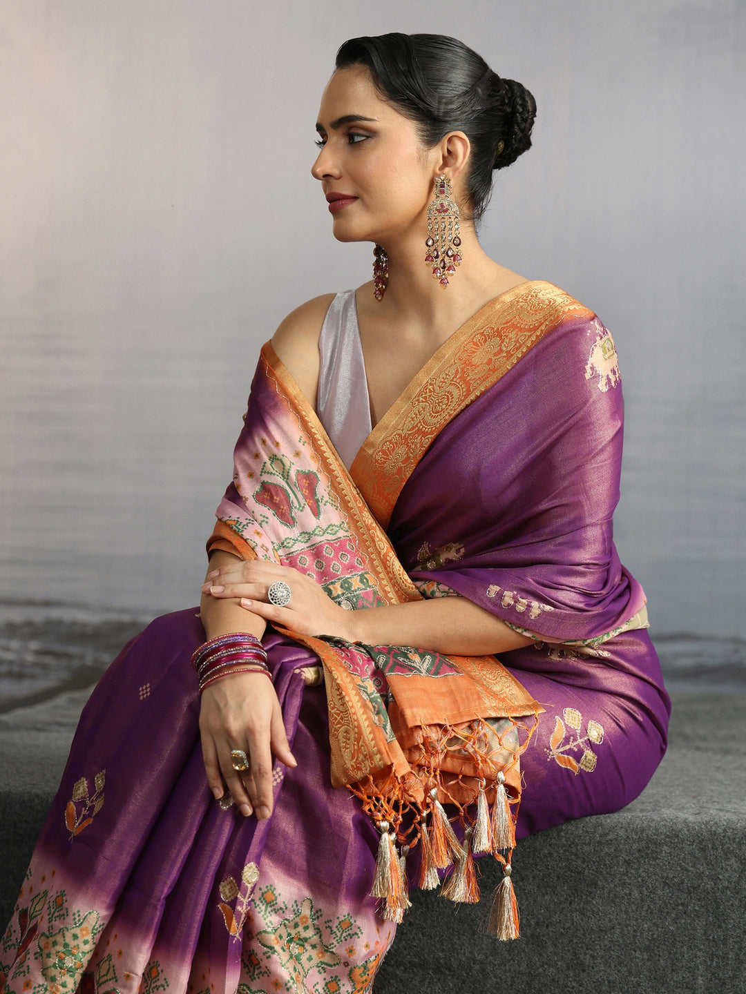 Libas Purple Patola Motif Printed Silk Blend Saree