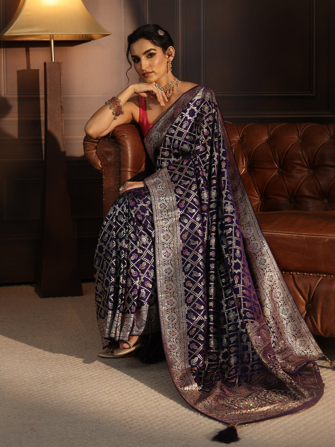 Libas Purple Patola Style Embellished Silk Blend Saree