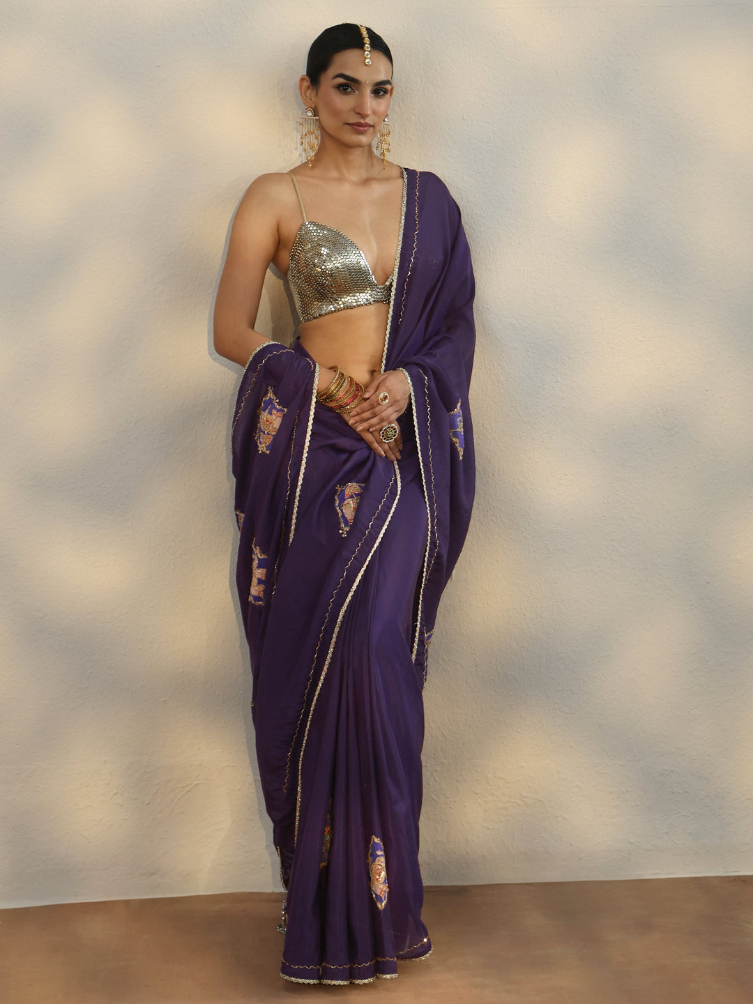  Libas Purple Satin Saree with Applique Design 