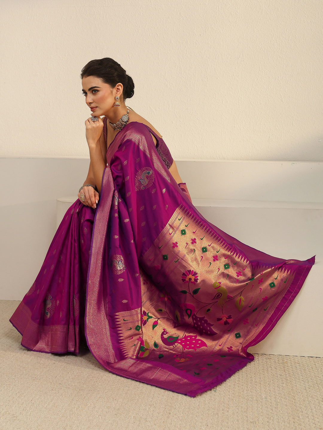 Libas Purple Silk Blend Paithani Saree