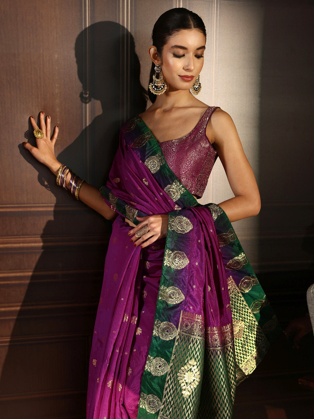 Libas Purple Silk Blend Saree with Zari Woven Floral Motif Border