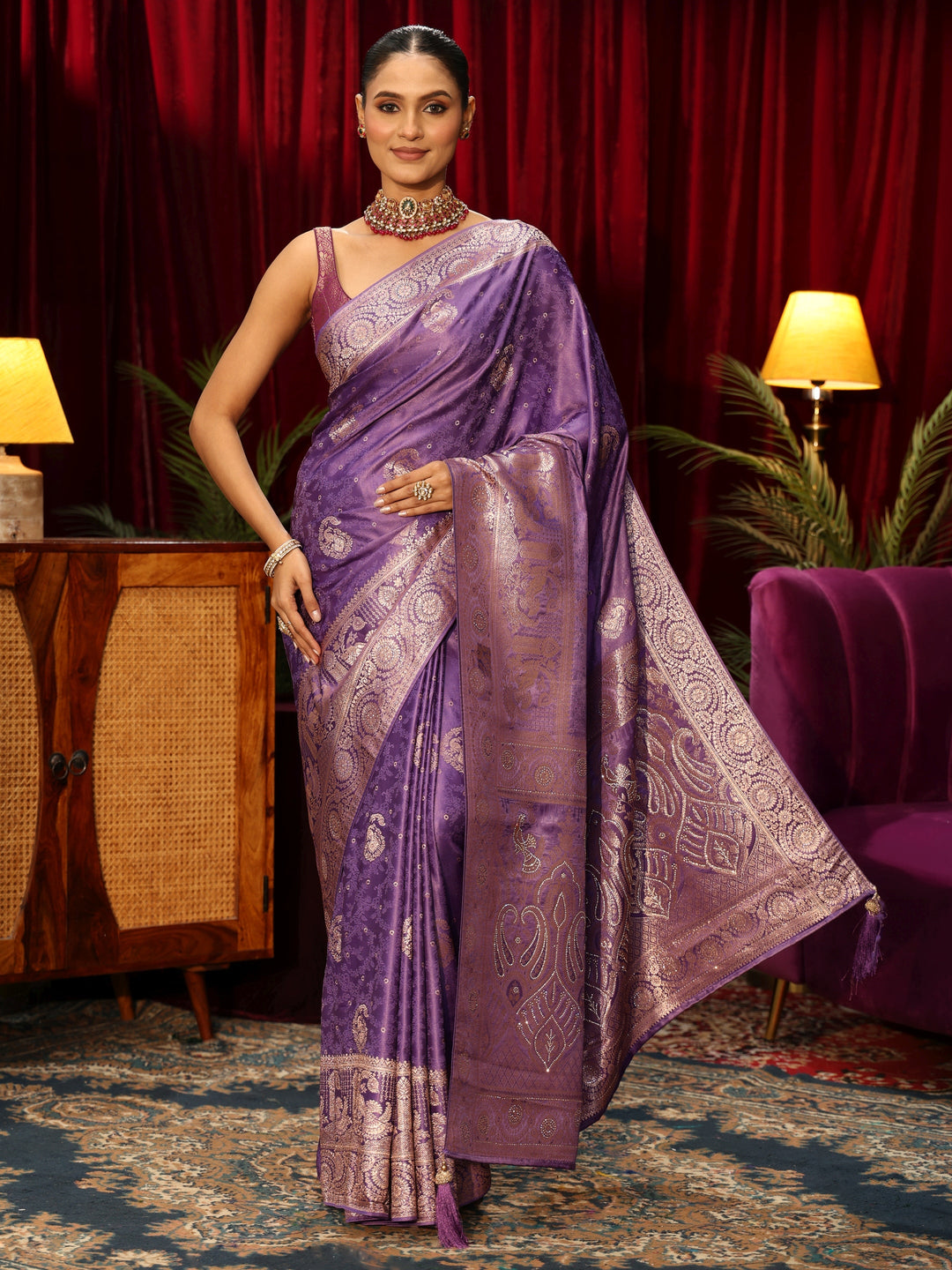 Libas Purple Woven Design Silk Blend Saree