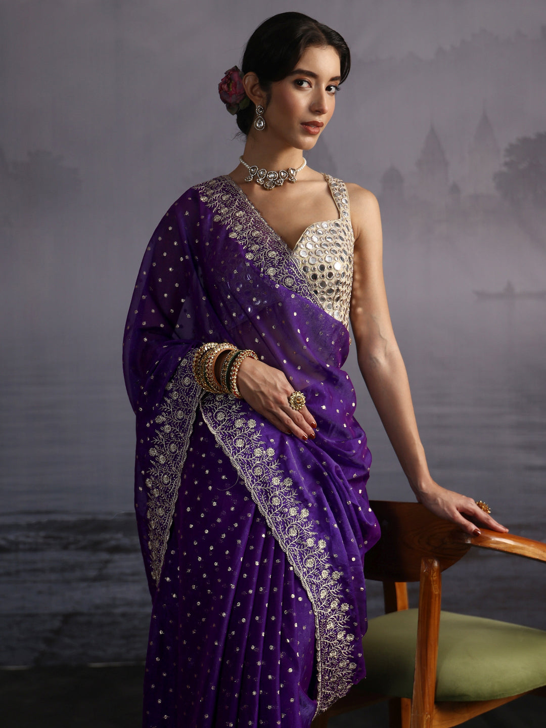  Libas Purple Woven Design Tissue Saree with Embroidered Border 