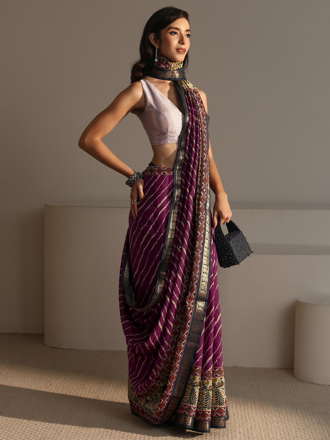 Libas Purple and Blue Leheriya Printed Silk Blend Tassel Saree