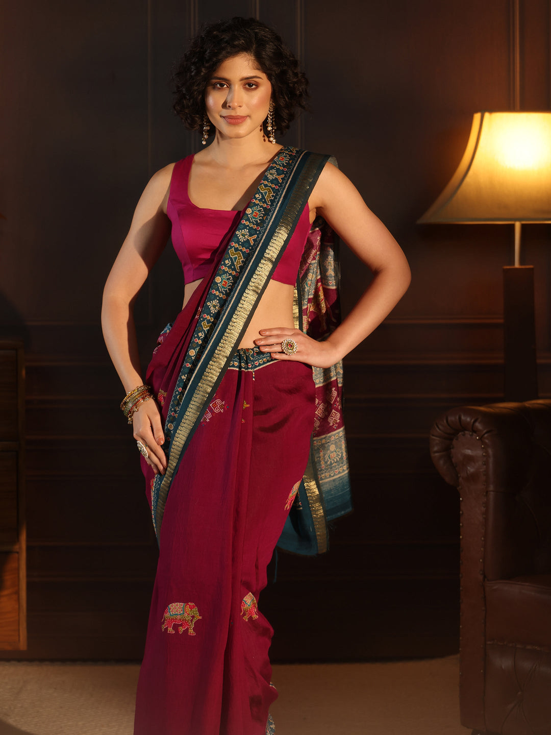 Libas Purple and Blue Printed Silk Blend Saree with Patola Pallu