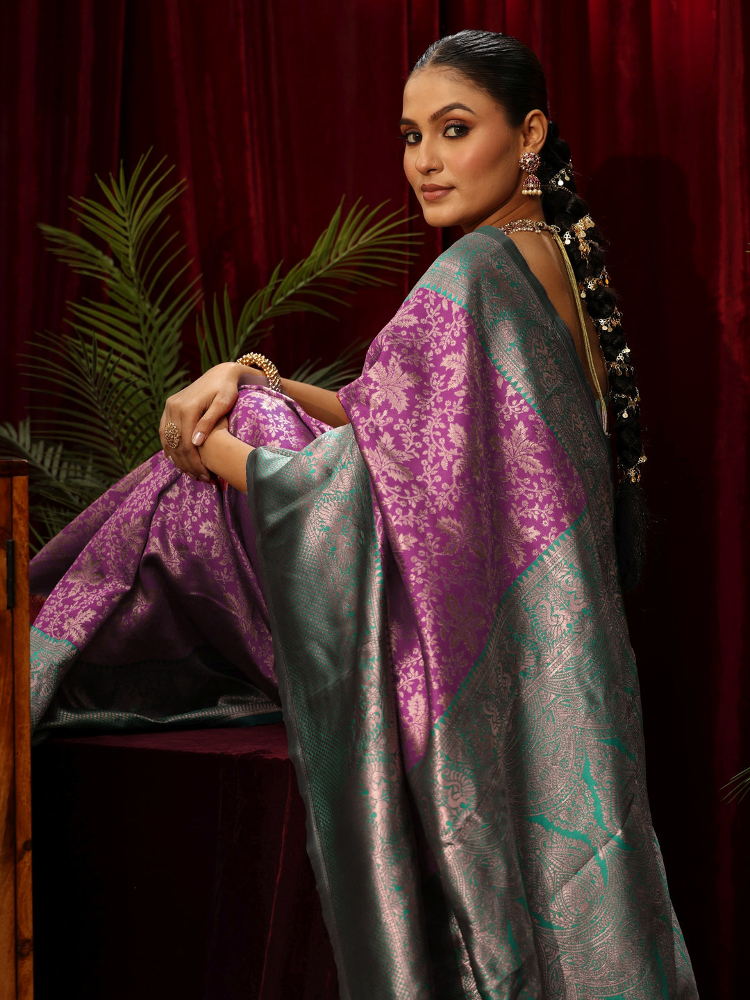 Libas Purple and Green Floral Woven Design Silk Blend Saree
