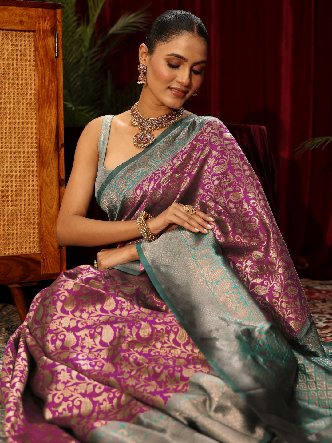Libas Purple and Green Floral Woven Design Silk Blend Saree