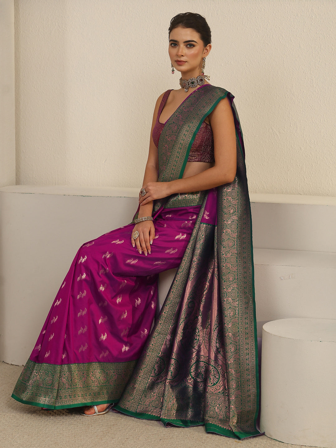 Libas Purple and Teal Green Peacock Woven Design Silk Blend Saree