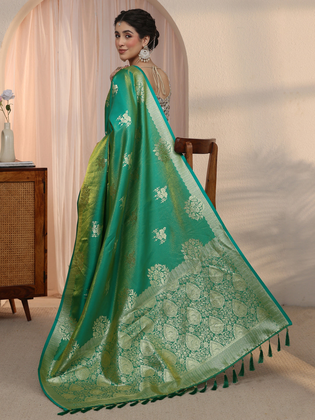  Libas Rama Green Woven Design Satin Tassel Saree 
