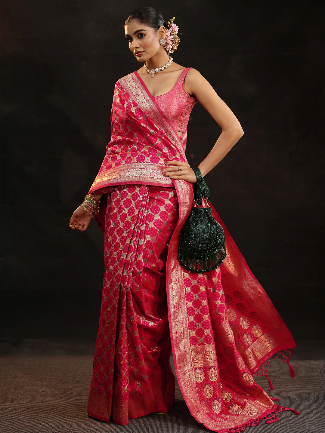  Libas Rani Pink Banarasi Silk Blend Saree 