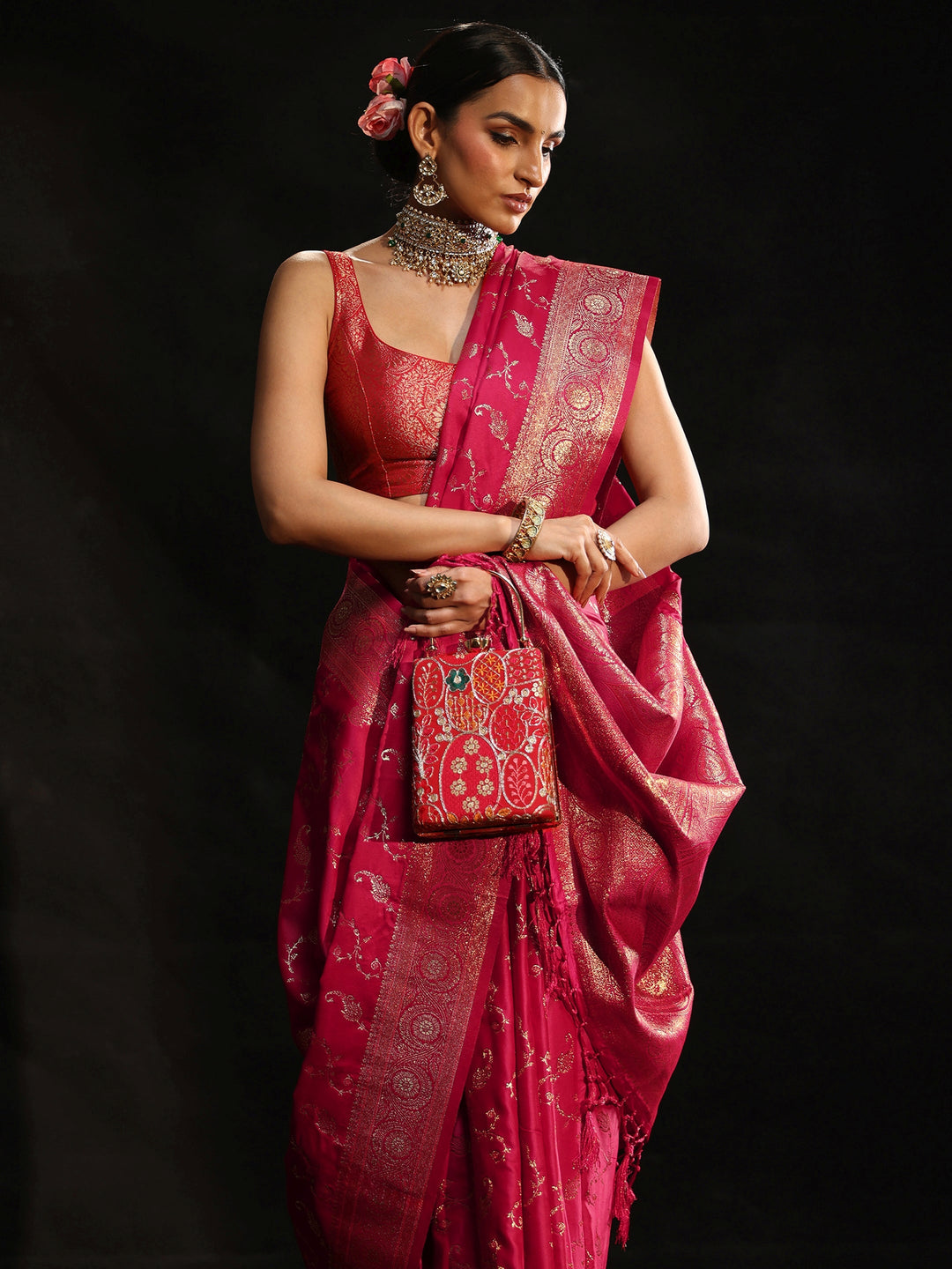  Libas Rani Pink Banarasi Silk Blend Saree 