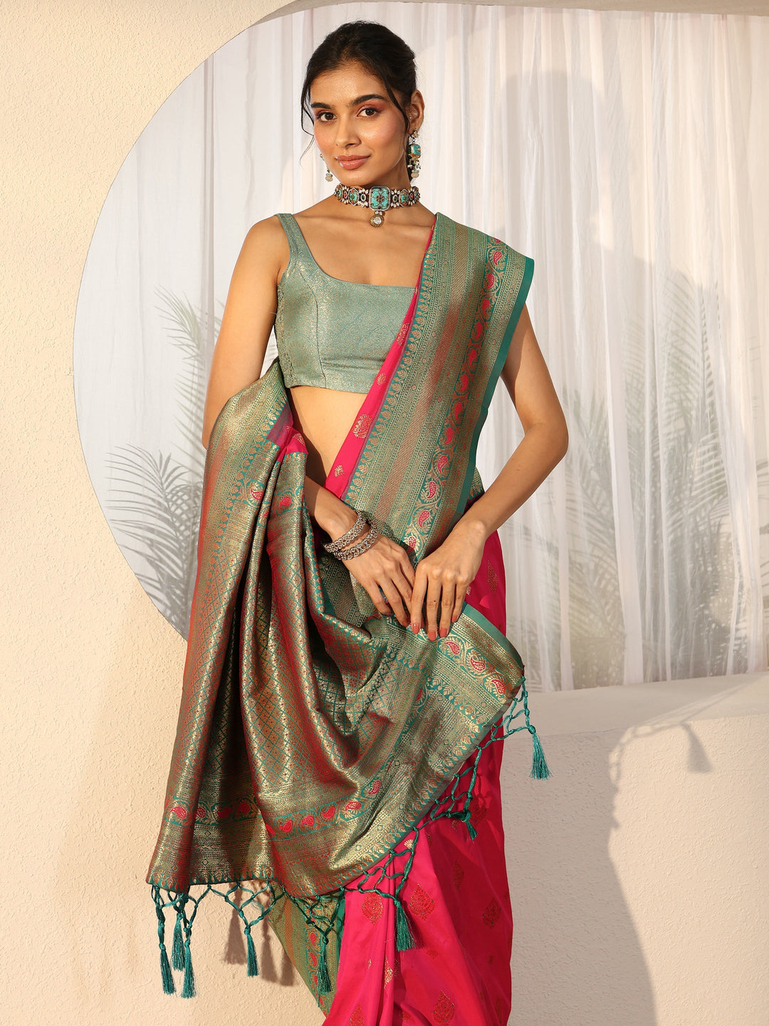  Libas Rani Pink Banarasi Silk Blend Saree 