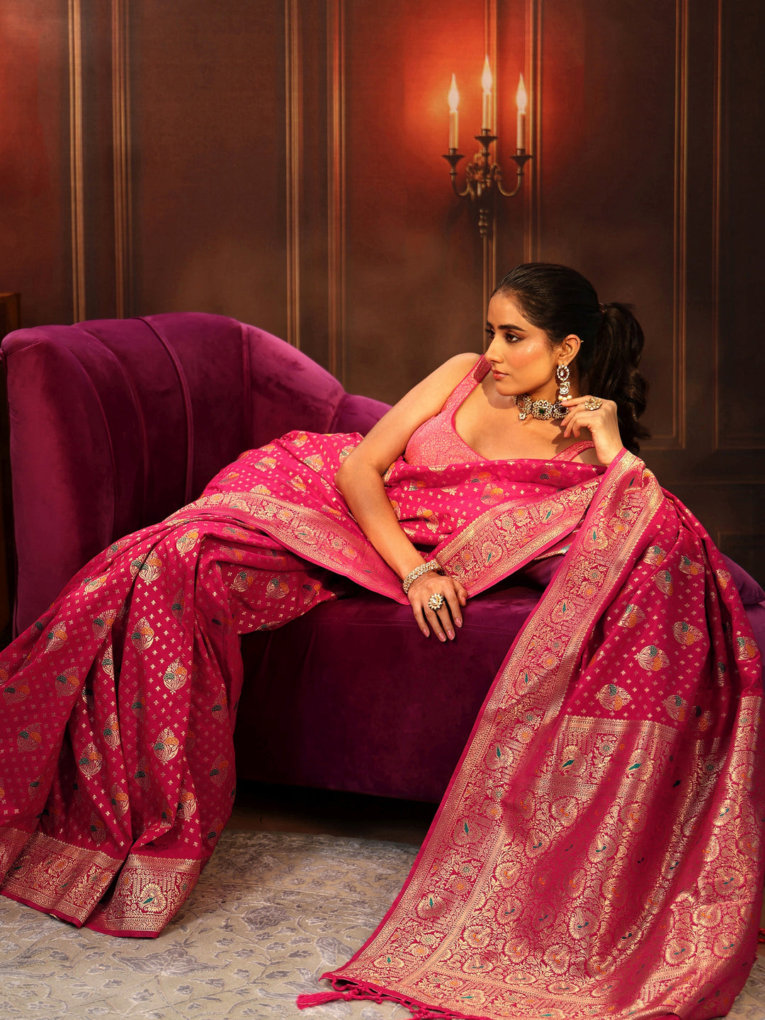  Libas Rani Pink Banarasi Silk Blend Saree 