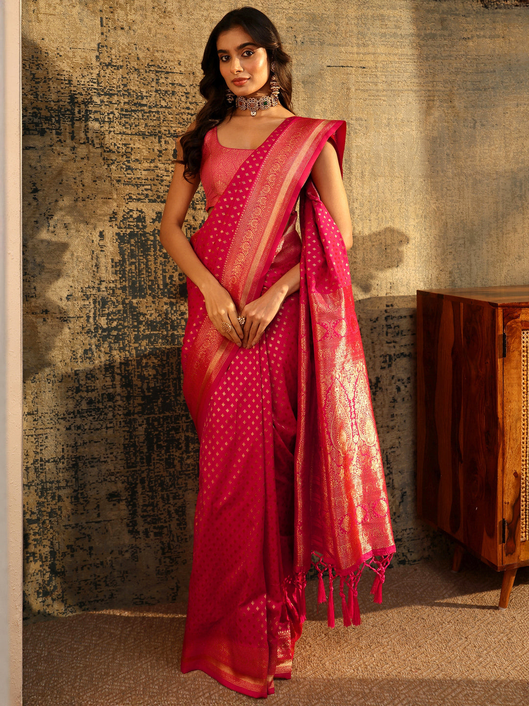  Libas Rani Pink Banarasi Silk Blend Saree 