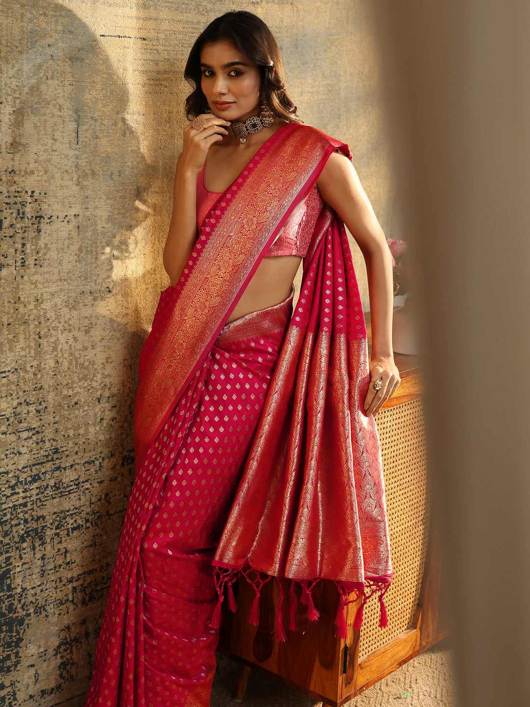  Libas Rani Pink Banarasi Silk Blend Saree 