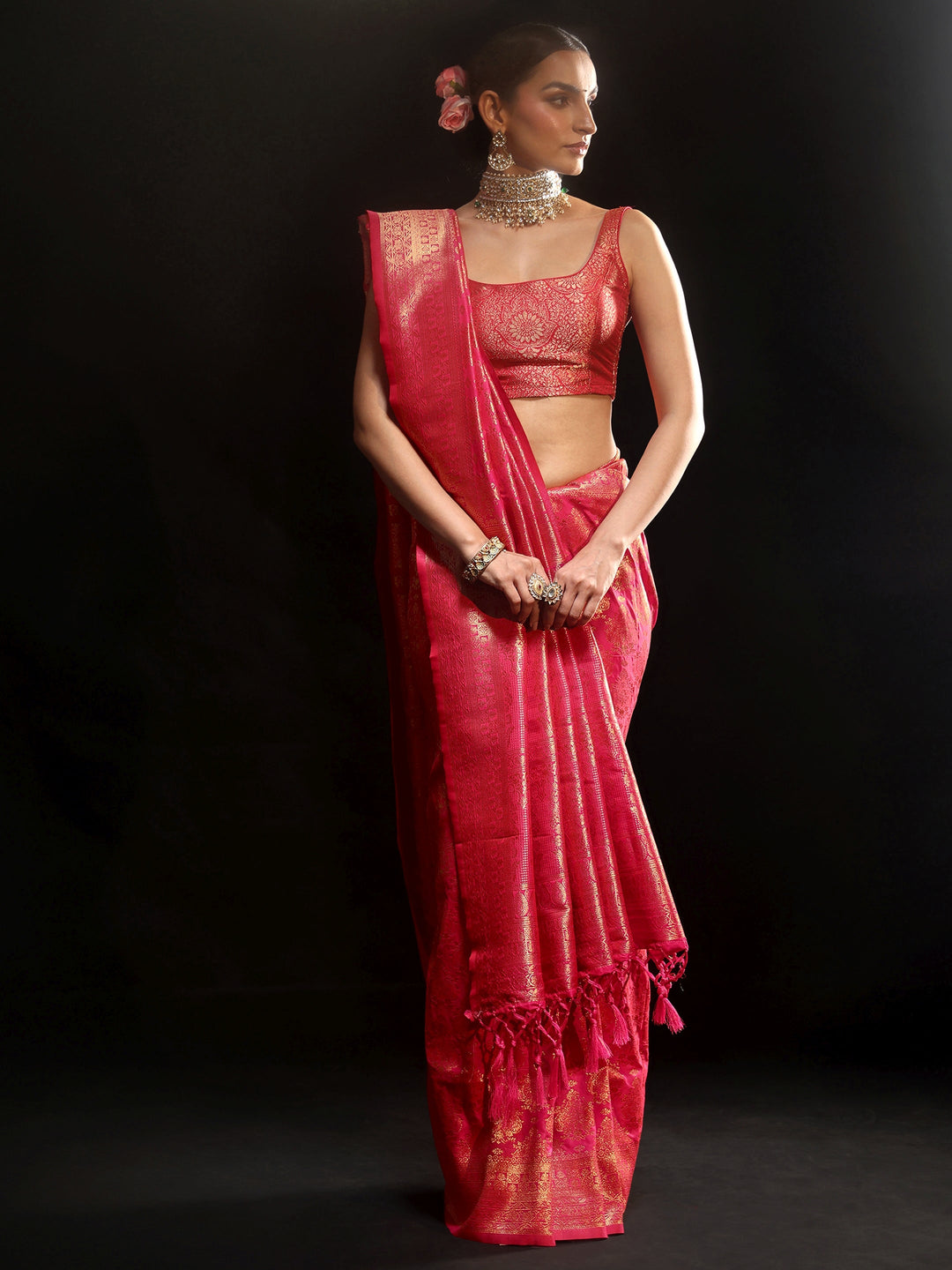  Libas Rani Pink Banarasi Silk Blend Saree 