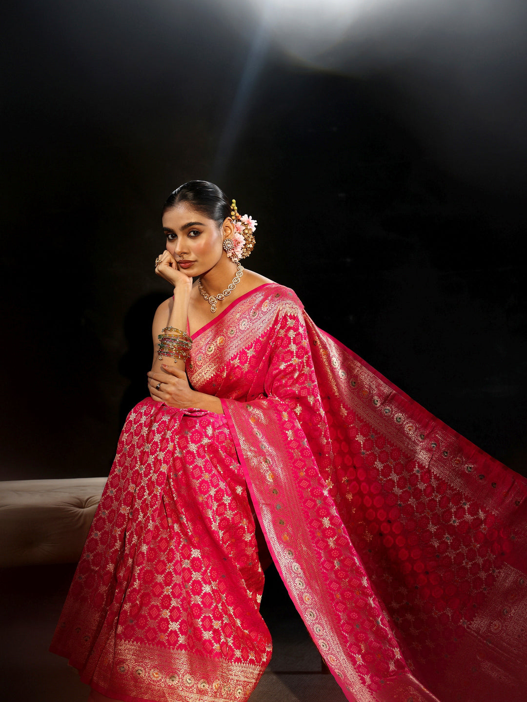  Libas Rani Pink Banarasi Silk Blend Saree 