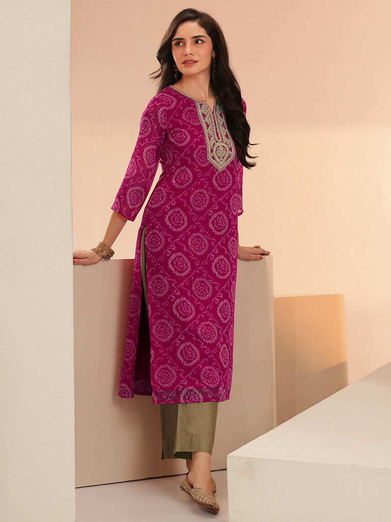Libas Rani Pink Bandhani Printed Chiffon Straight Kurta
