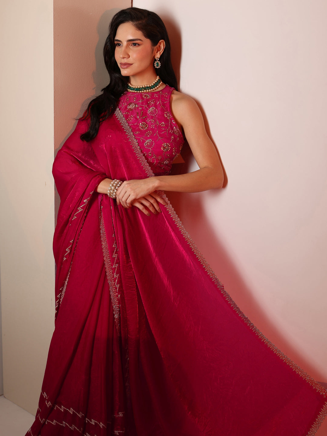  Libas Rani Pink Chevron Tissue Saree 