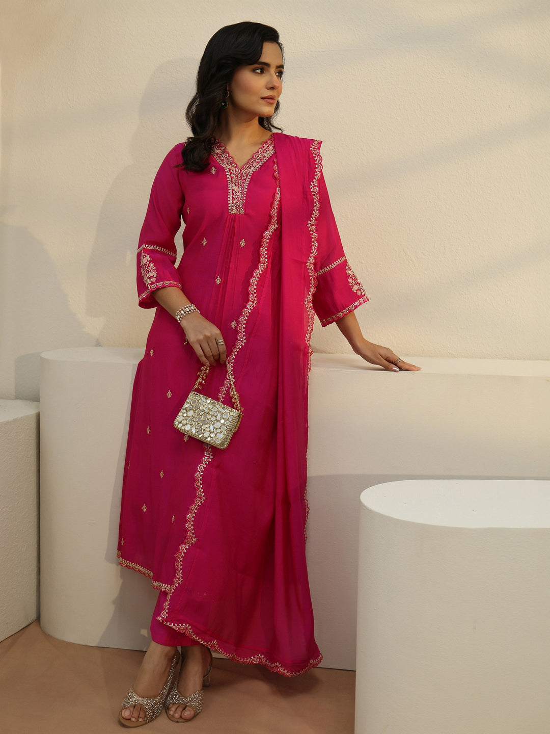 Libas Rani Pink Embroidered Chanderi Cotton A-Line Suit Set 