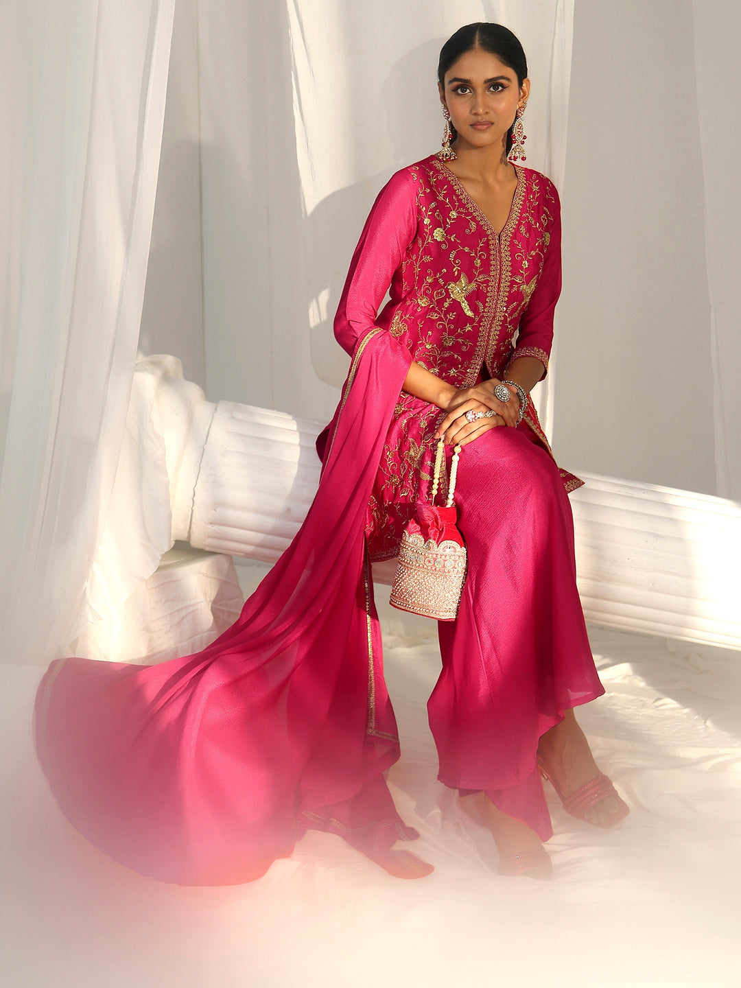  Libas Rani Pink Embroidered Front Slit Chinon Palazzo Suit Set 