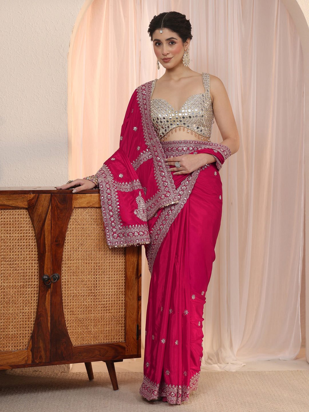  Libas Rani Pink Embroidered Satin Saree with Sequin Embellishments 