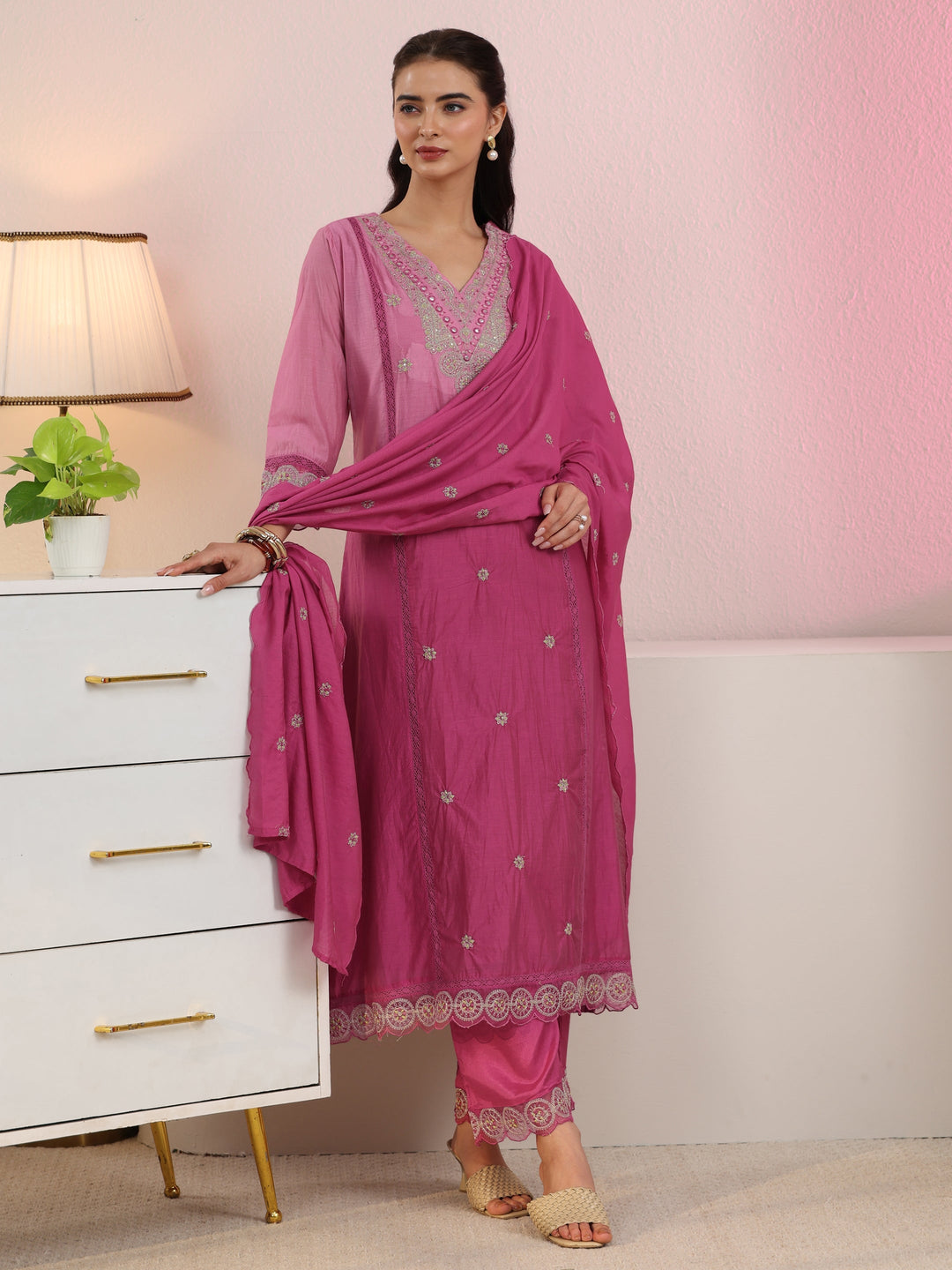  Libas Rani Pink Embroidered Silk Blend A-Line Suit Set 