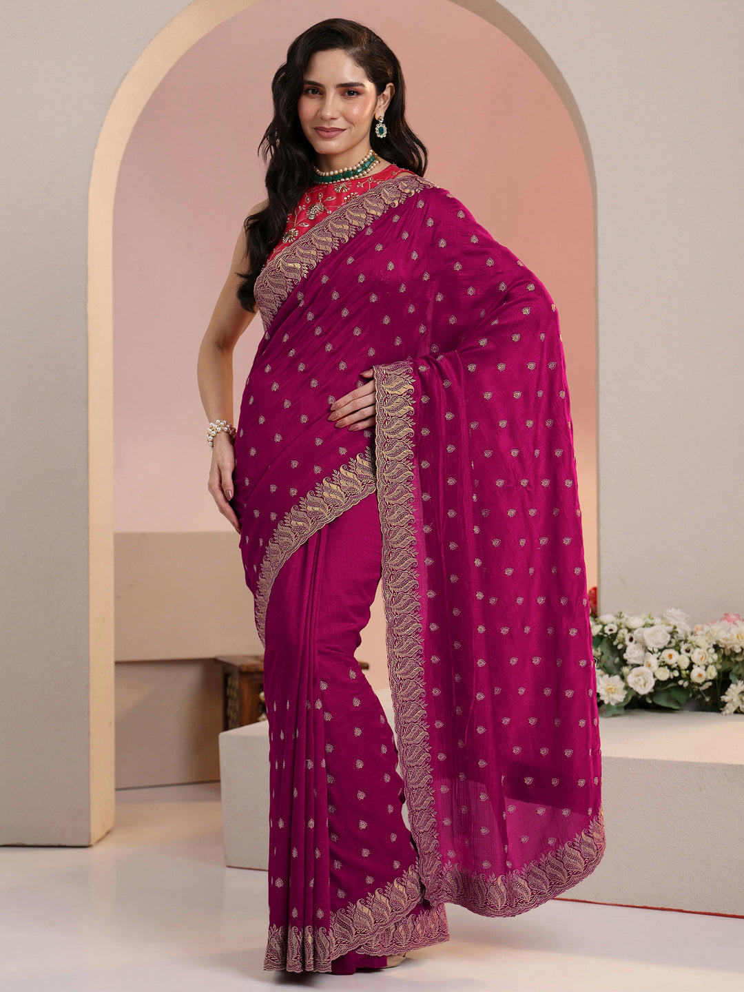  Libas Rani Pink Embroidered Silk Blend Saree 