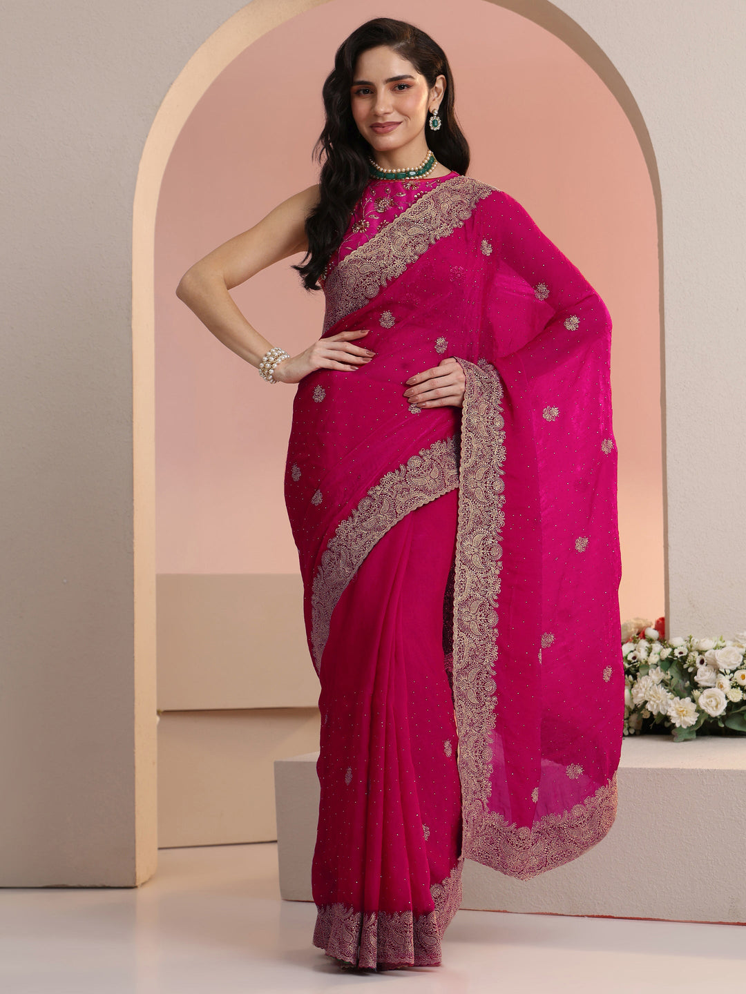  Libas Rani Pink Embroidered Tissue Saree 