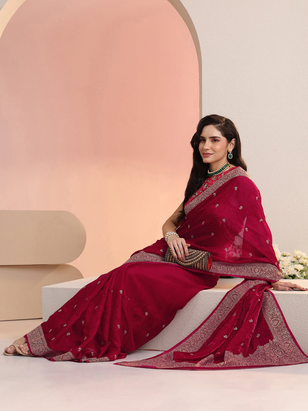  Libas Rani Pink Embroidered Tissue Saree 