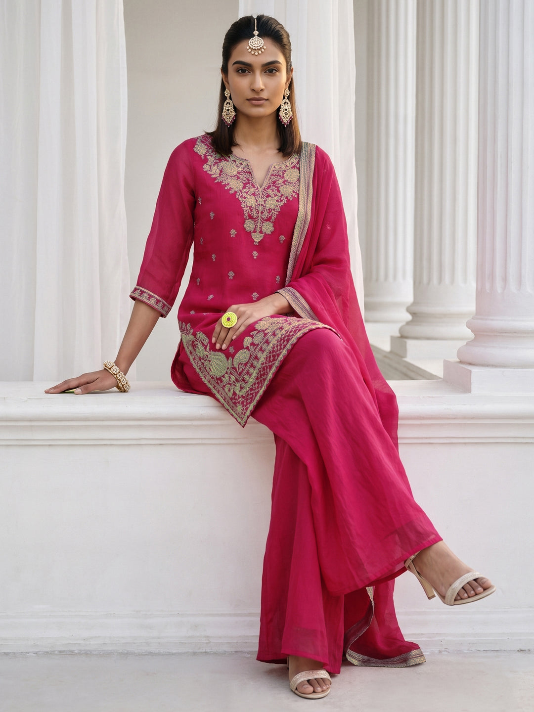  Libas Rani Pink Ethnic Embroidered Tissue Palazzo Suit Set 
