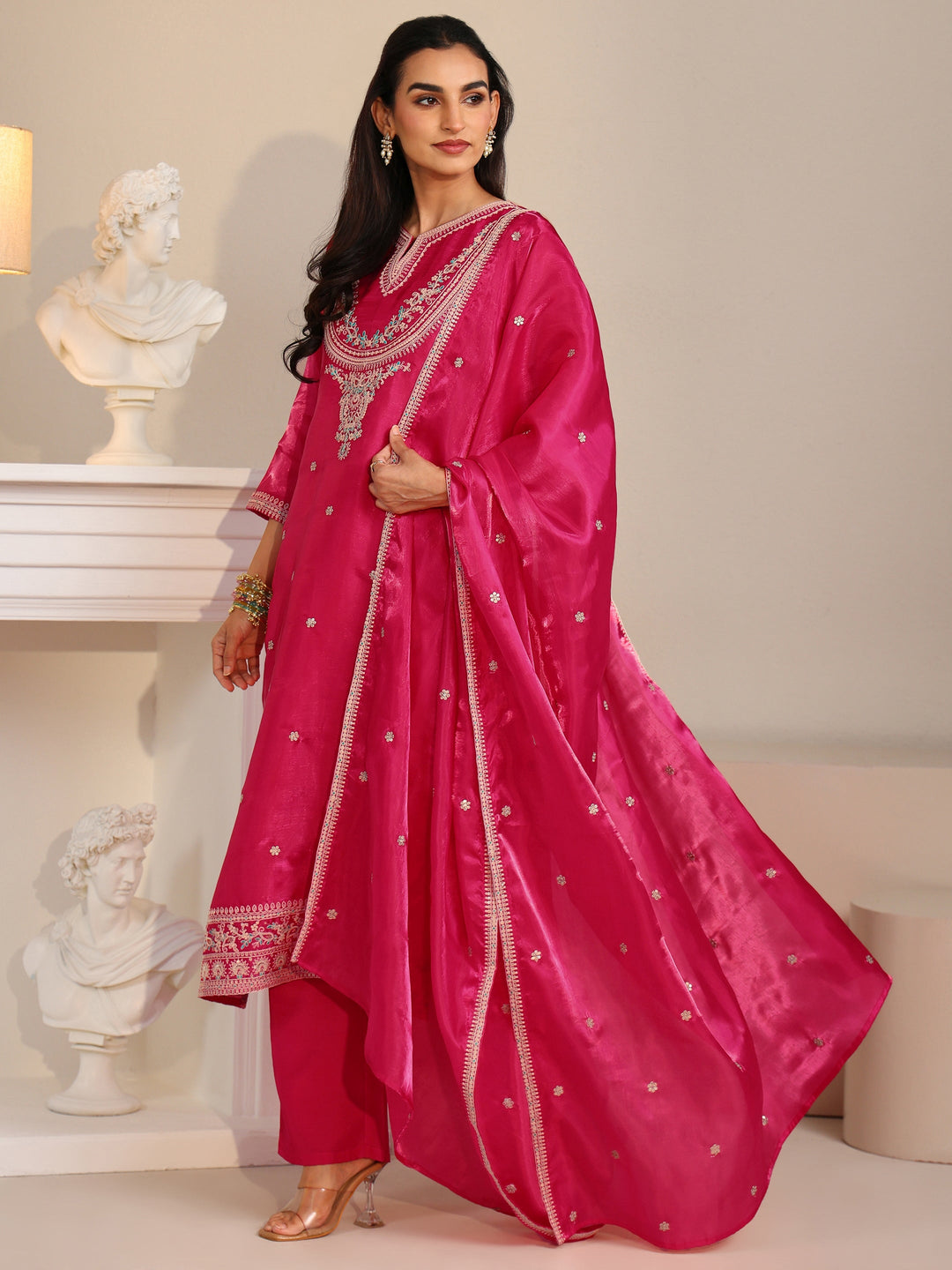  Libas Rani Pink Ethnic Embroidered Tissue Straight Suit Set 