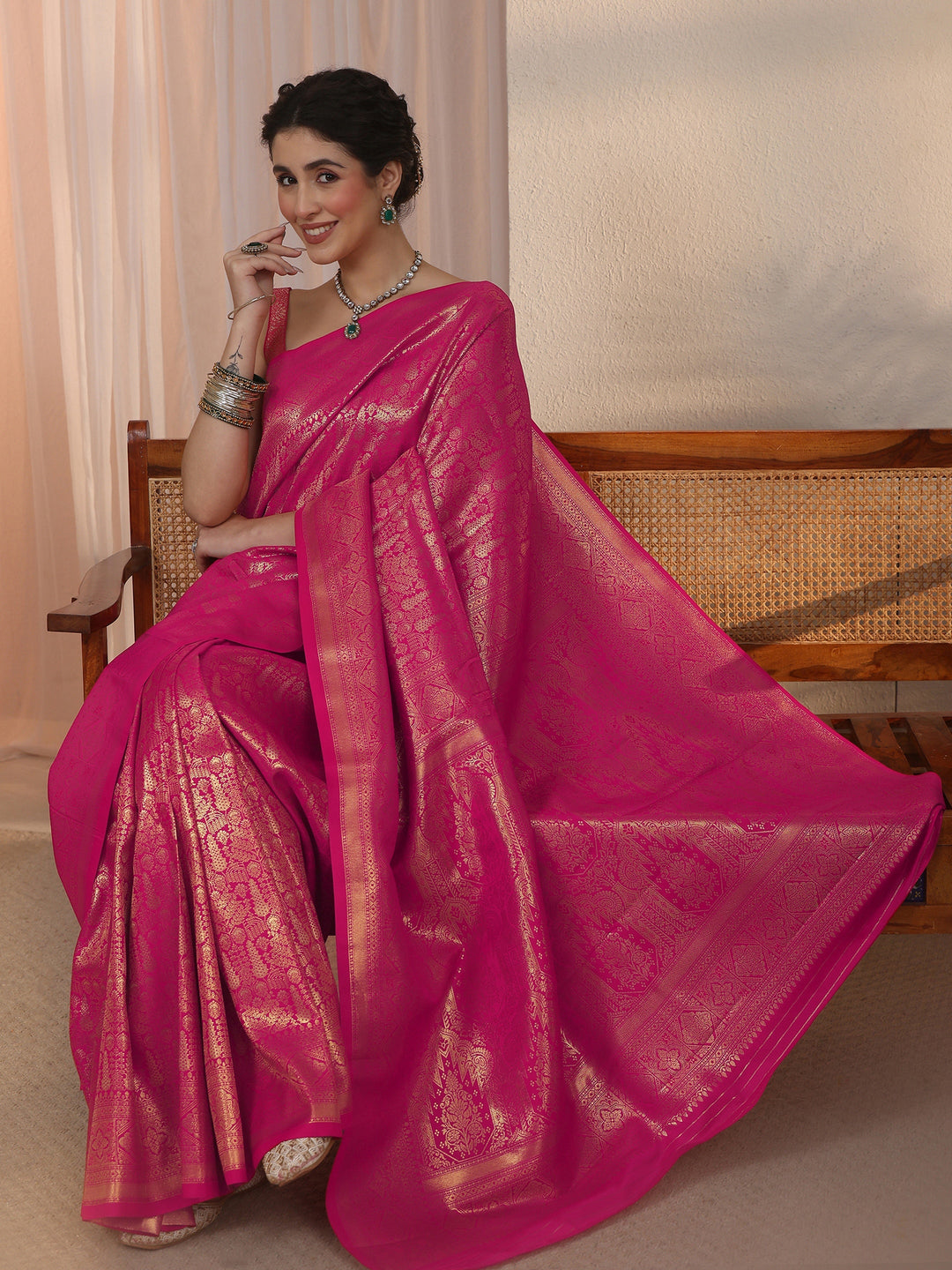  Libas Rani Pink Ethnic Woven Design Satin Saree 